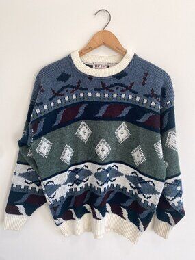 Vintage Chunky Knit Crew Neck Sweater w/ Abstract Pattern / Y2K / Made in Canada
